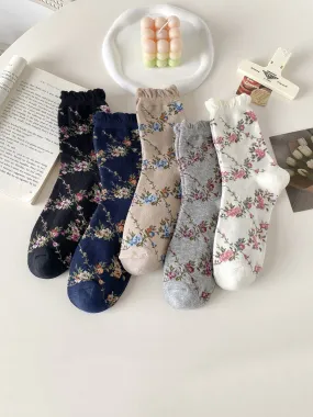 5 Pairs Women Floral Jacquard Cotton Socks