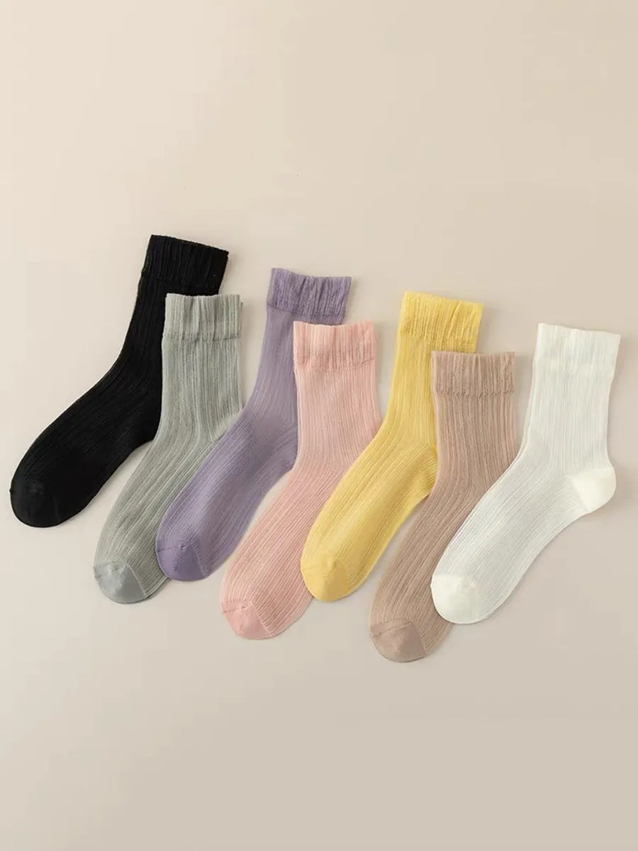 7 Pairs Women Summer Solid Thin Socks