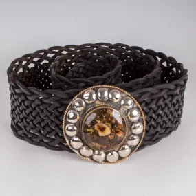 Black Woven Leather Belt w/ Gold Buckle