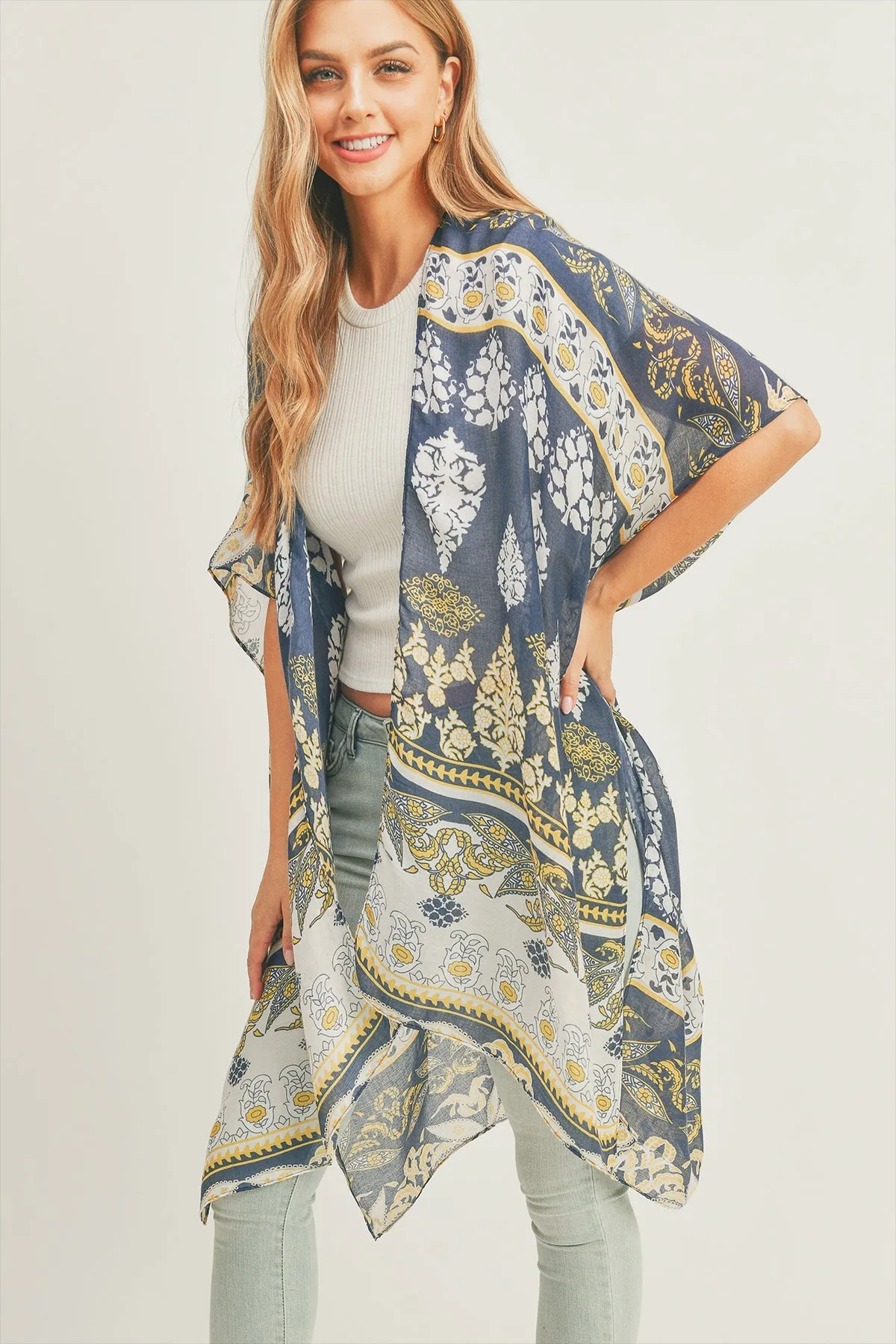 BOHO PRINT KIMONO-NAVY/1PC