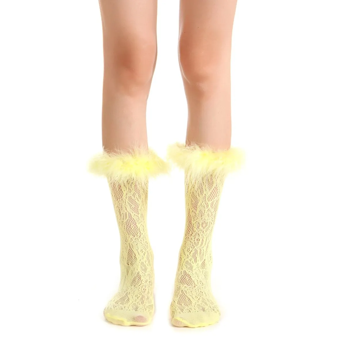 Destiny Feather Trim Lace Crew Sock | Pastel Yellow