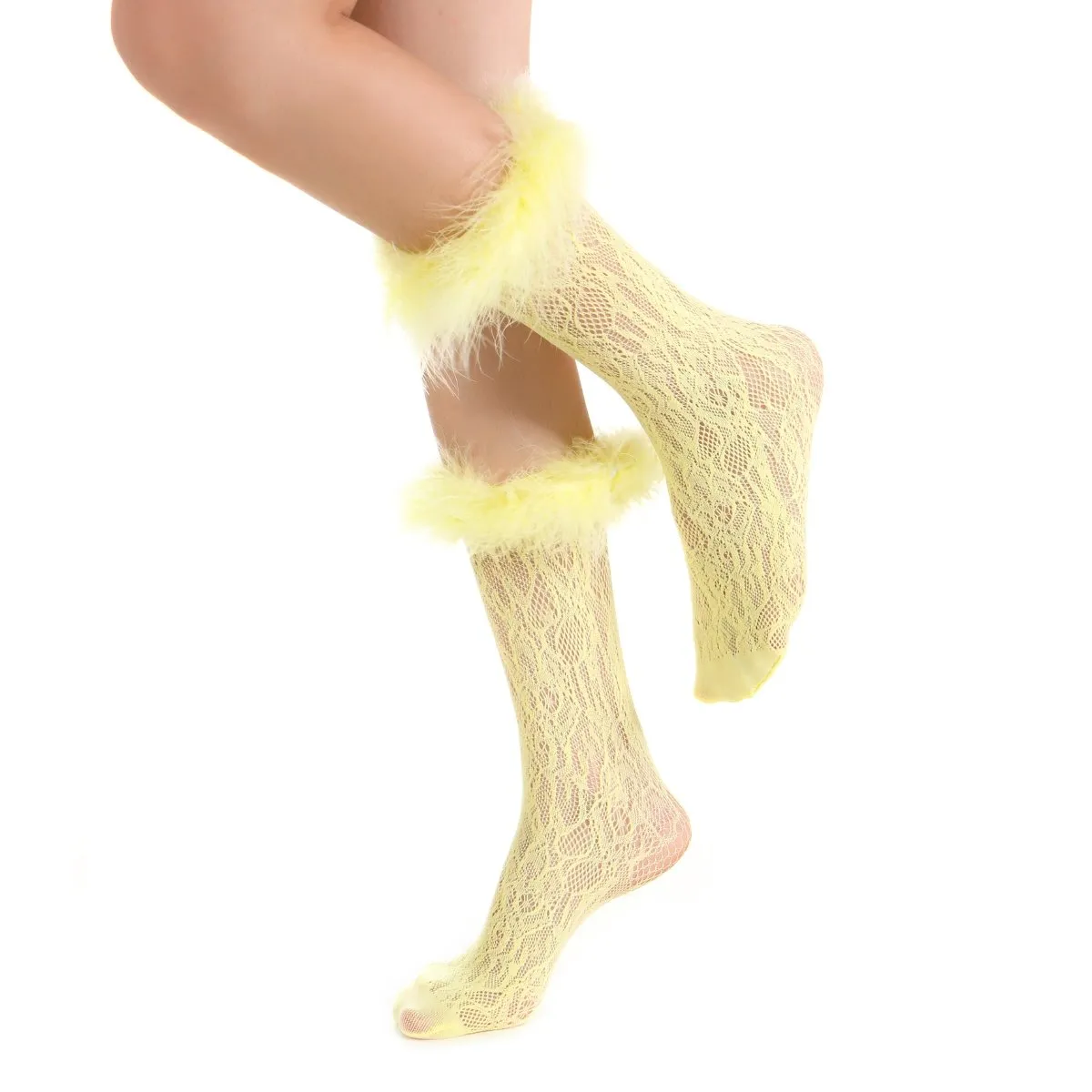 Destiny Feather Trim Lace Crew Sock | Pastel Yellow