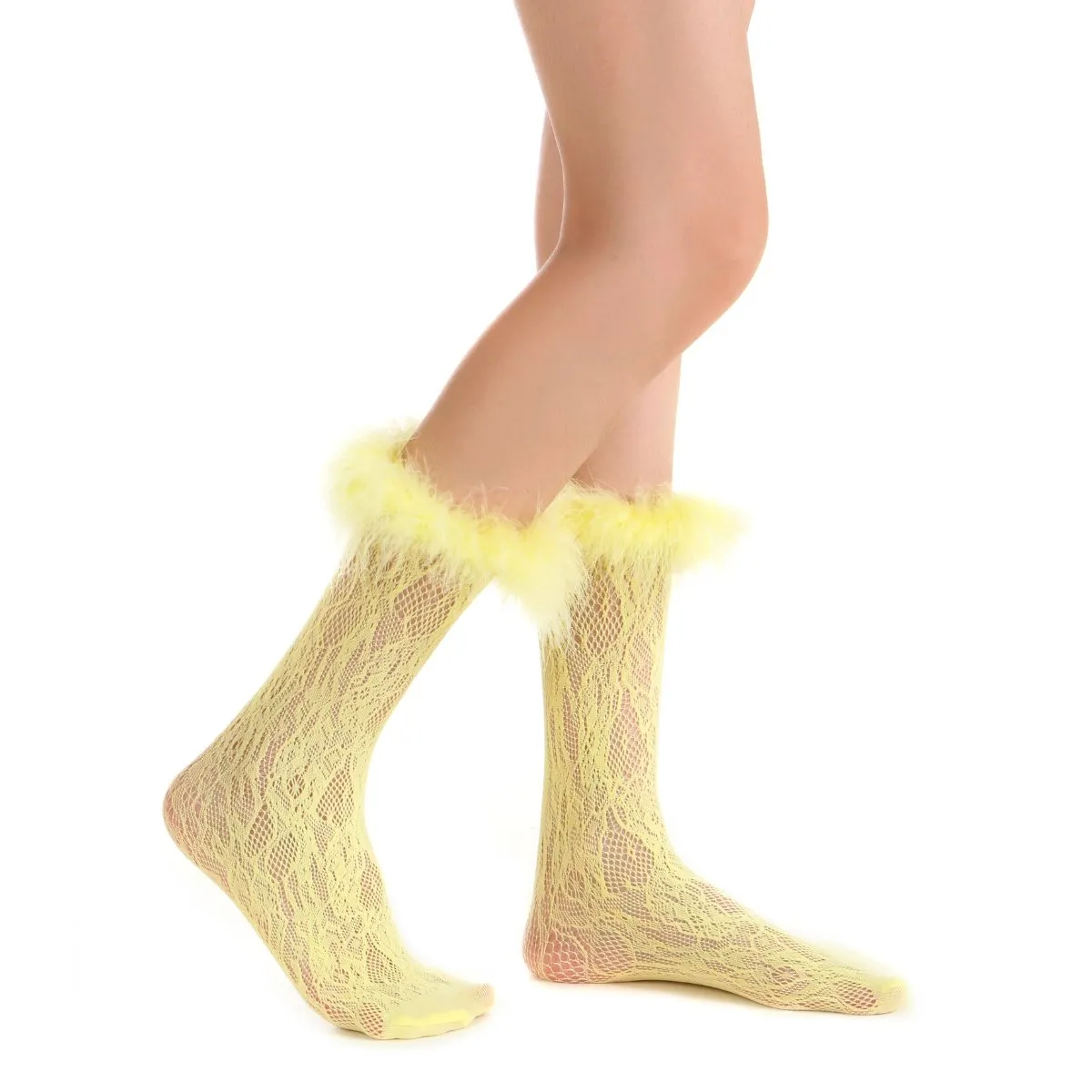 Destiny Feather Trim Lace Crew Sock | Pastel Yellow