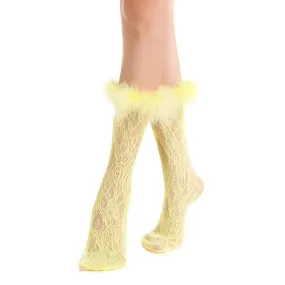 Destiny Feather Trim Lace Crew Sock | Pastel Yellow