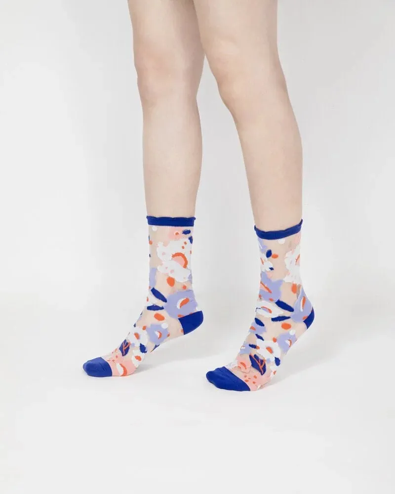 Flower Garden Sheer Socks – Blue Cuff