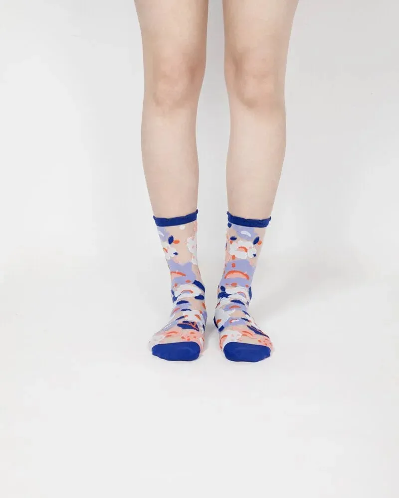 Flower Garden Sheer Socks – Blue Cuff