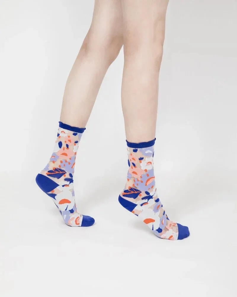 Flower Garden Sheer Socks – Blue Cuff