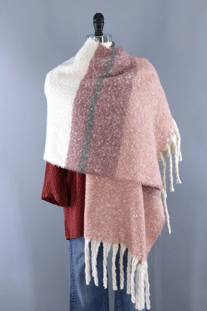 Fuzzy Scarf Wrap / Pink & Grey Stripes