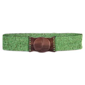 Hand loomed glass beaded belt wood scroll in antiqued green