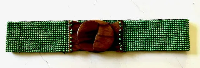 Hand loomed glass beaded belt wood scroll in antiqued green