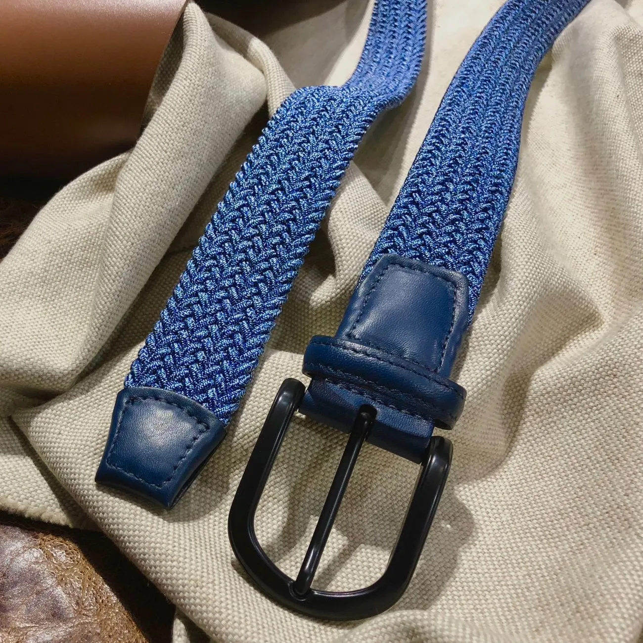 Italian Braided Melange Rayon Elastic Belt in Navy by Torino Leather