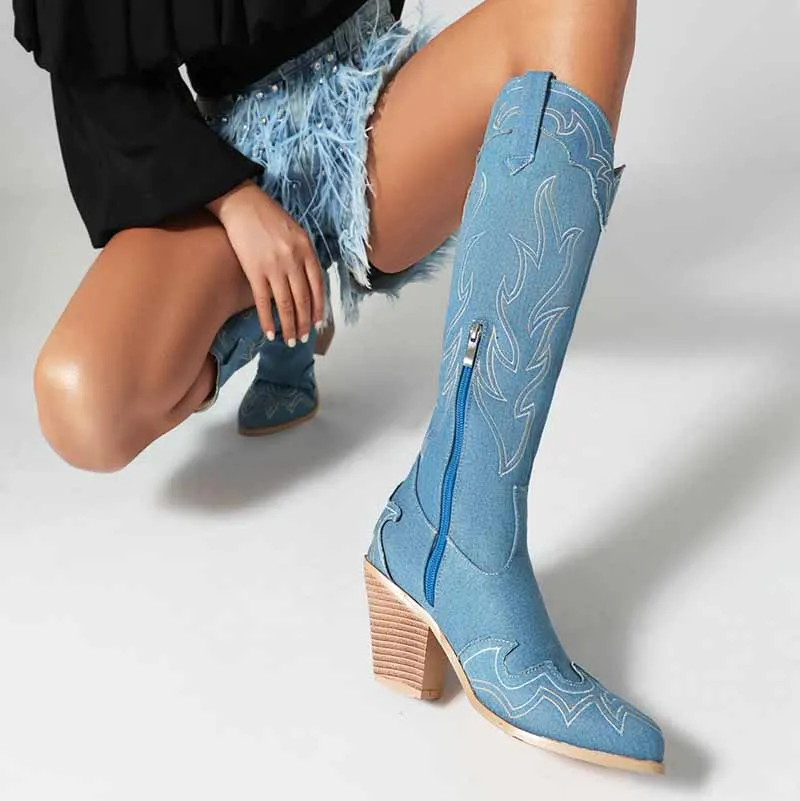 Knee High Cowboy Cowgirl Boots for Women, with Unique Embroidery, Side Zipper and Chunky Heel Design