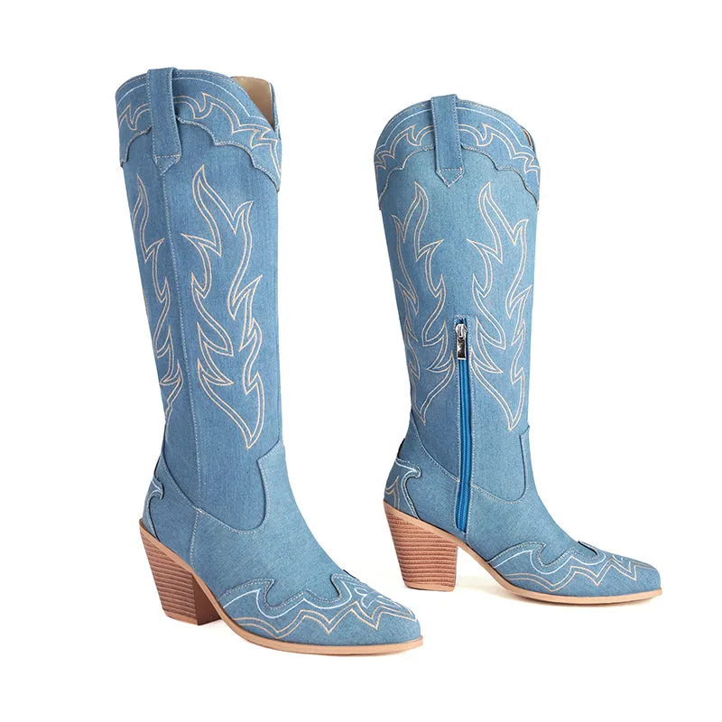 Knee High Cowboy Cowgirl Boots for Women, with Unique Embroidery, Side Zipper and Chunky Heel Design