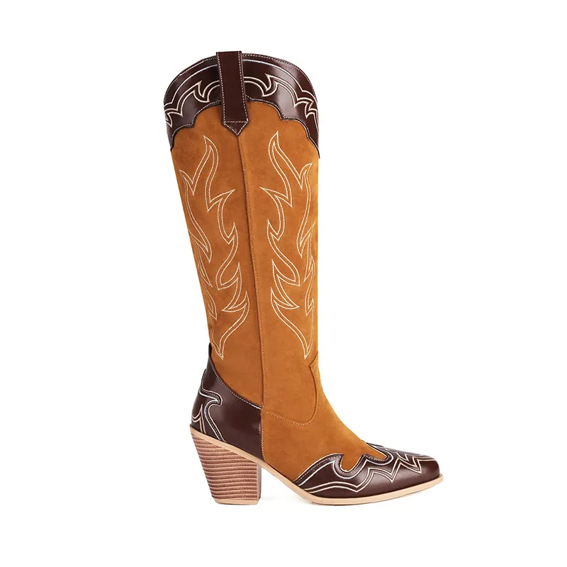 Knee High Cowboy Cowgirl Boots for Women, with Unique Embroidery, Side Zipper and Chunky Heel Design