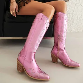 Knee High Cowboy Cowgirl Boots for Women, with Unique Embroidery, Side Zipper and Chunky Heel Design