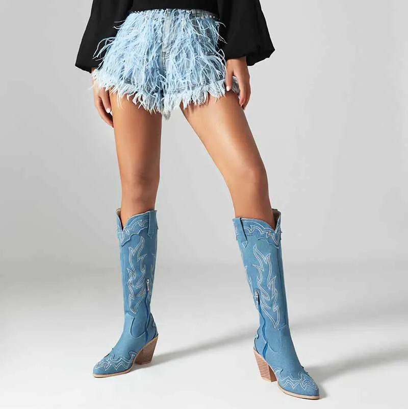 Knee High Cowboy Cowgirl Boots for Women, with Unique Embroidery, Side Zipper and Chunky Heel Design