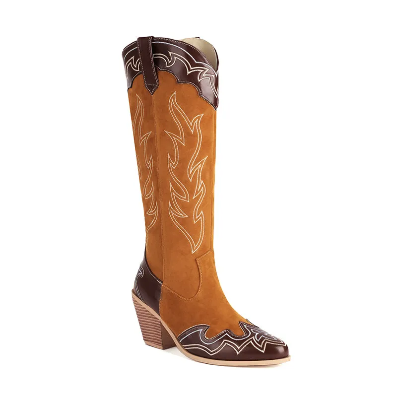 Knee High Cowboy Cowgirl Boots for Women, with Unique Embroidery, Side Zipper and Chunky Heel Design