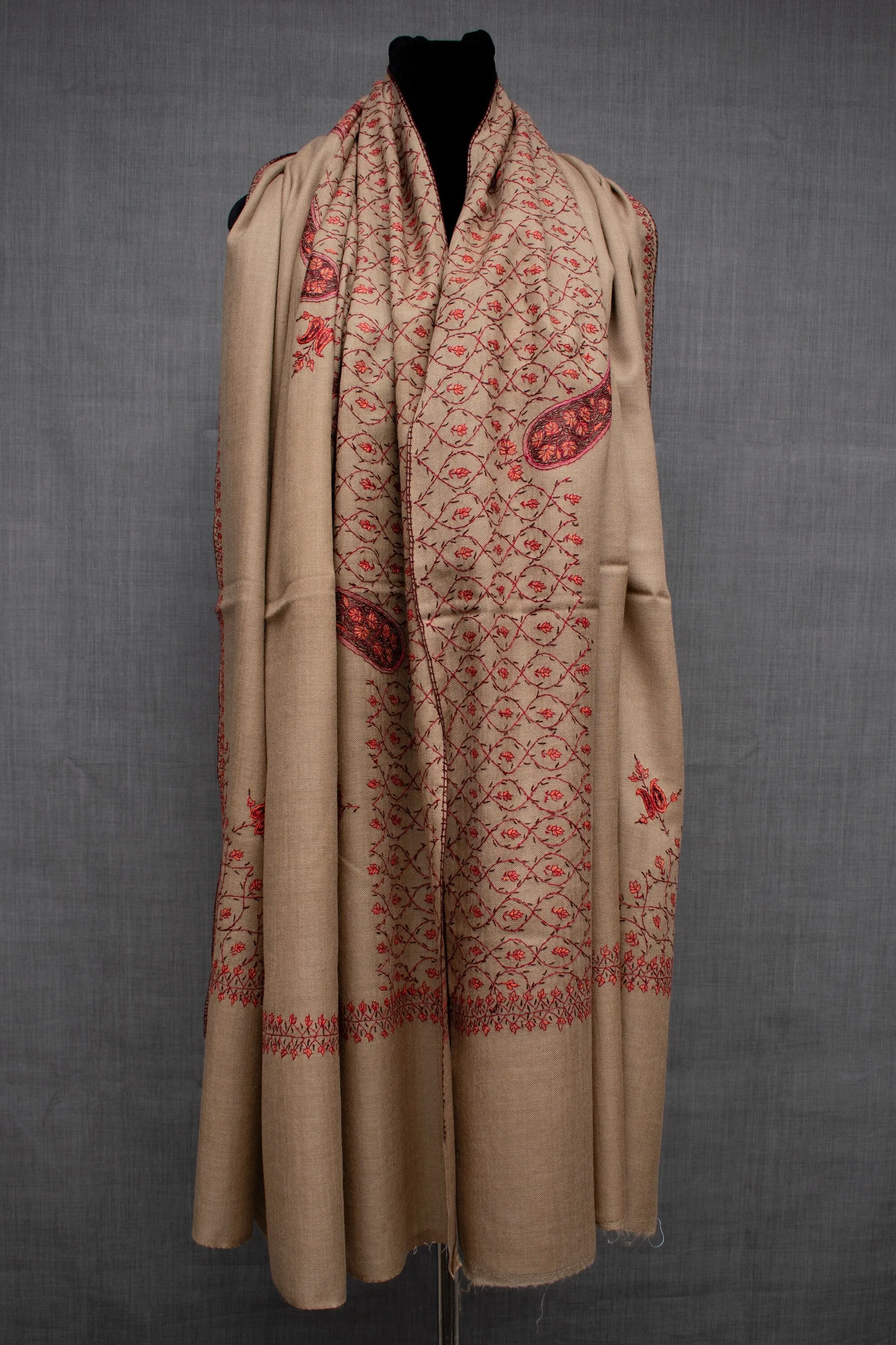 LABOR DAY SALE Paisley Design Hand Embroidery of Kashmir on Fine Wool Shawl