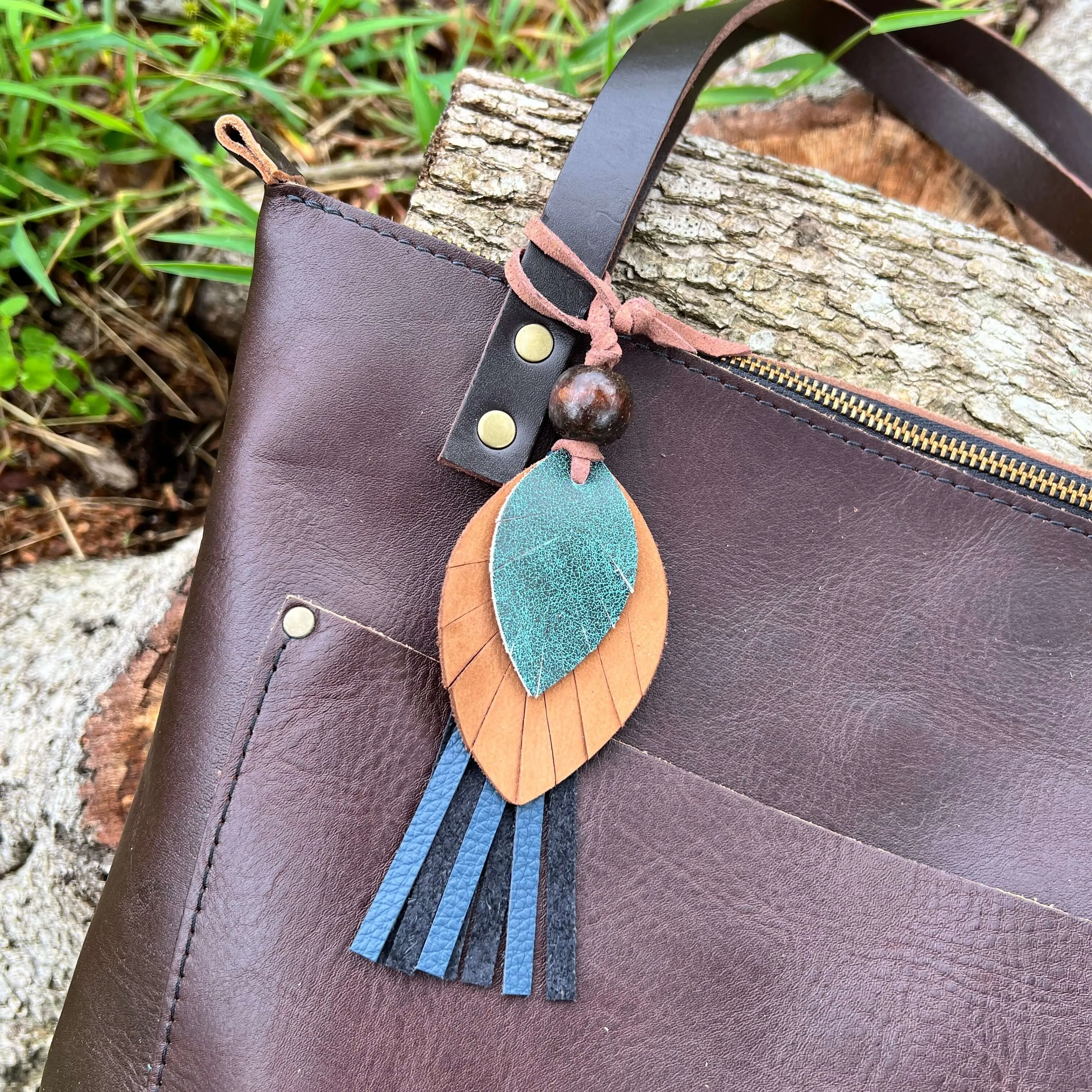 Leather Feather Tassel Bag Charm - Green, Tan and Navy