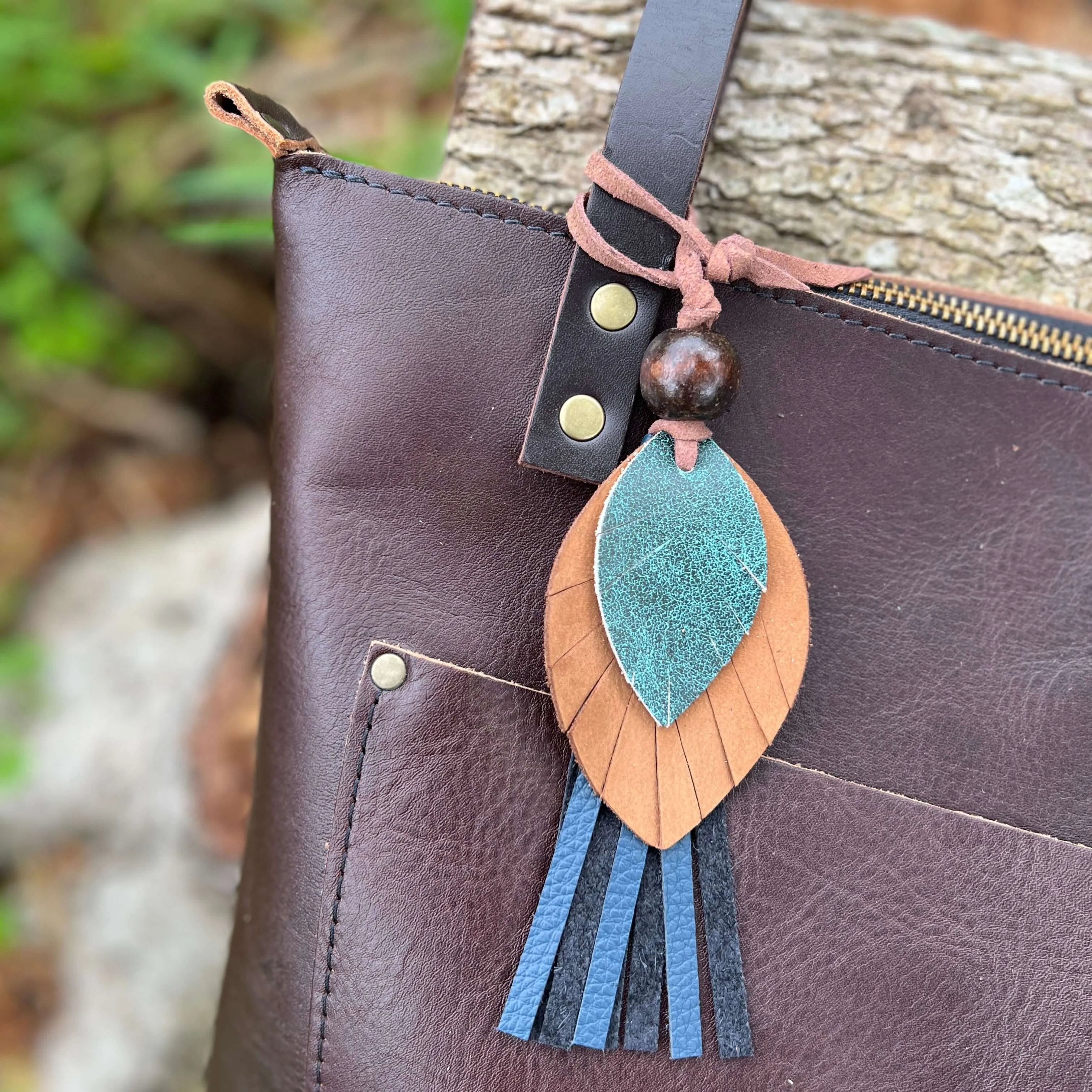 Leather Feather Tassel Bag Charm - Green, Tan and Navy