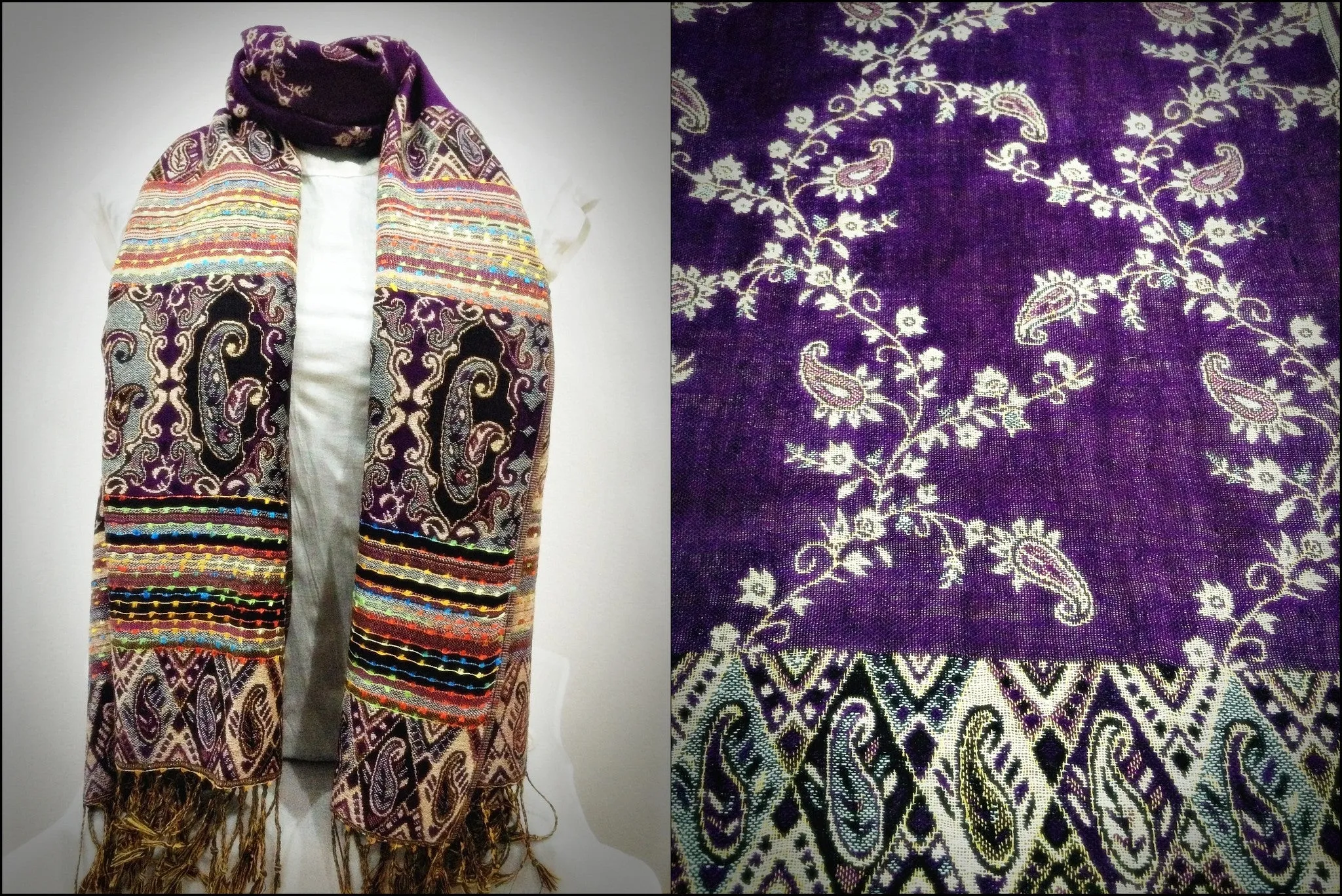 Nepal Floral Paisley Pashmina Shawl Scarf in Purple