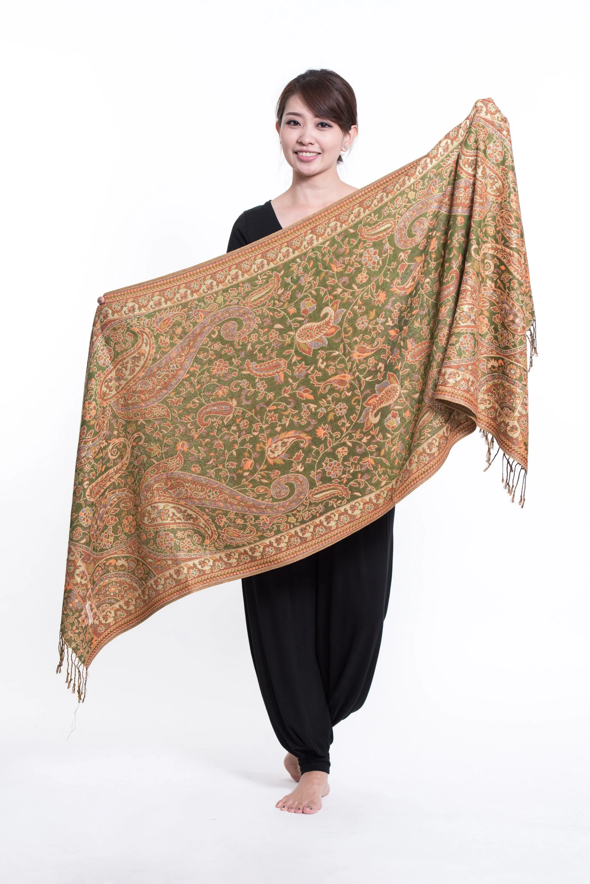 Nepal Traditional Paisley Pashmina Shawl Scarf in Green