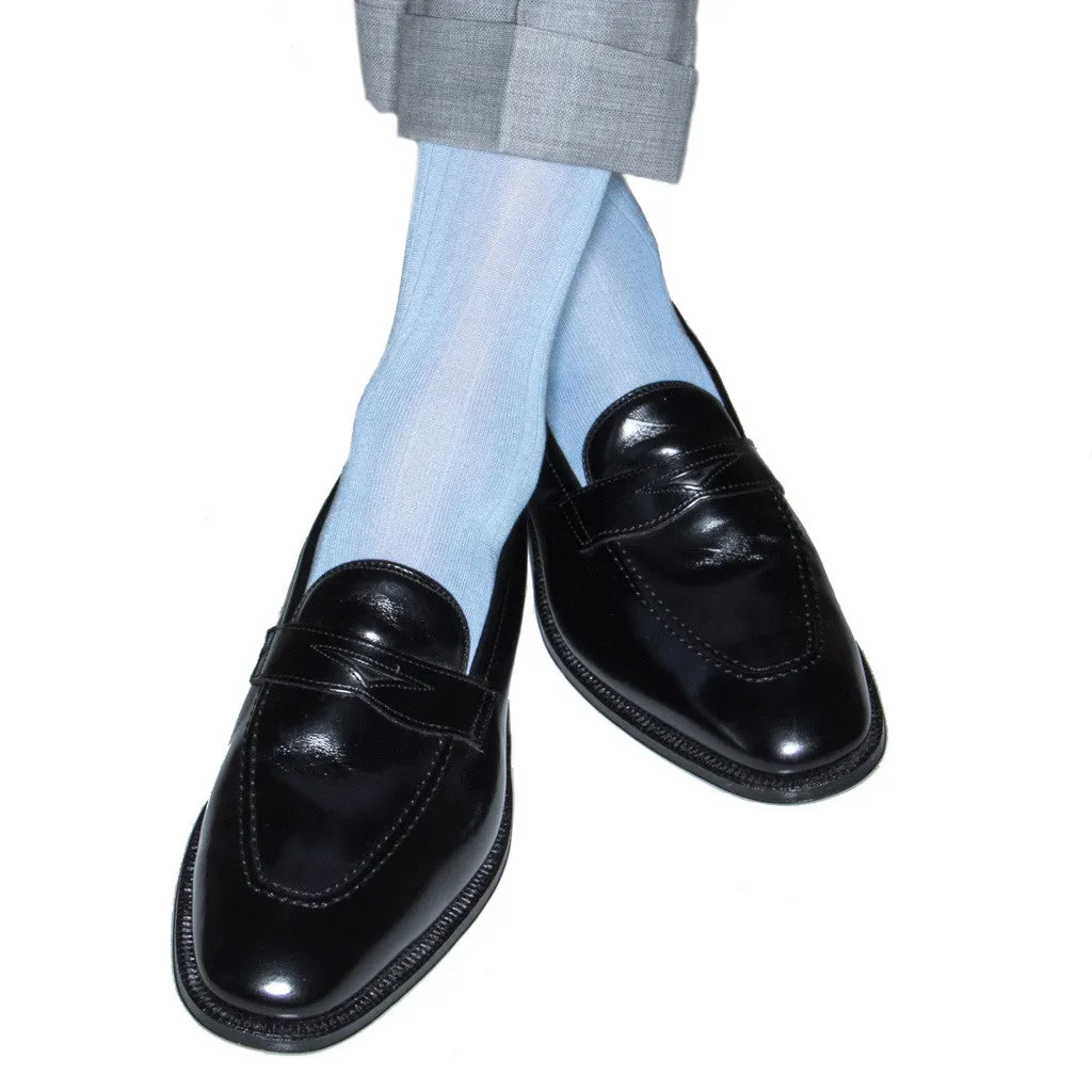 Sky Blue Solid Ribbed Cotton Sock Linked Toe Mid-Calf