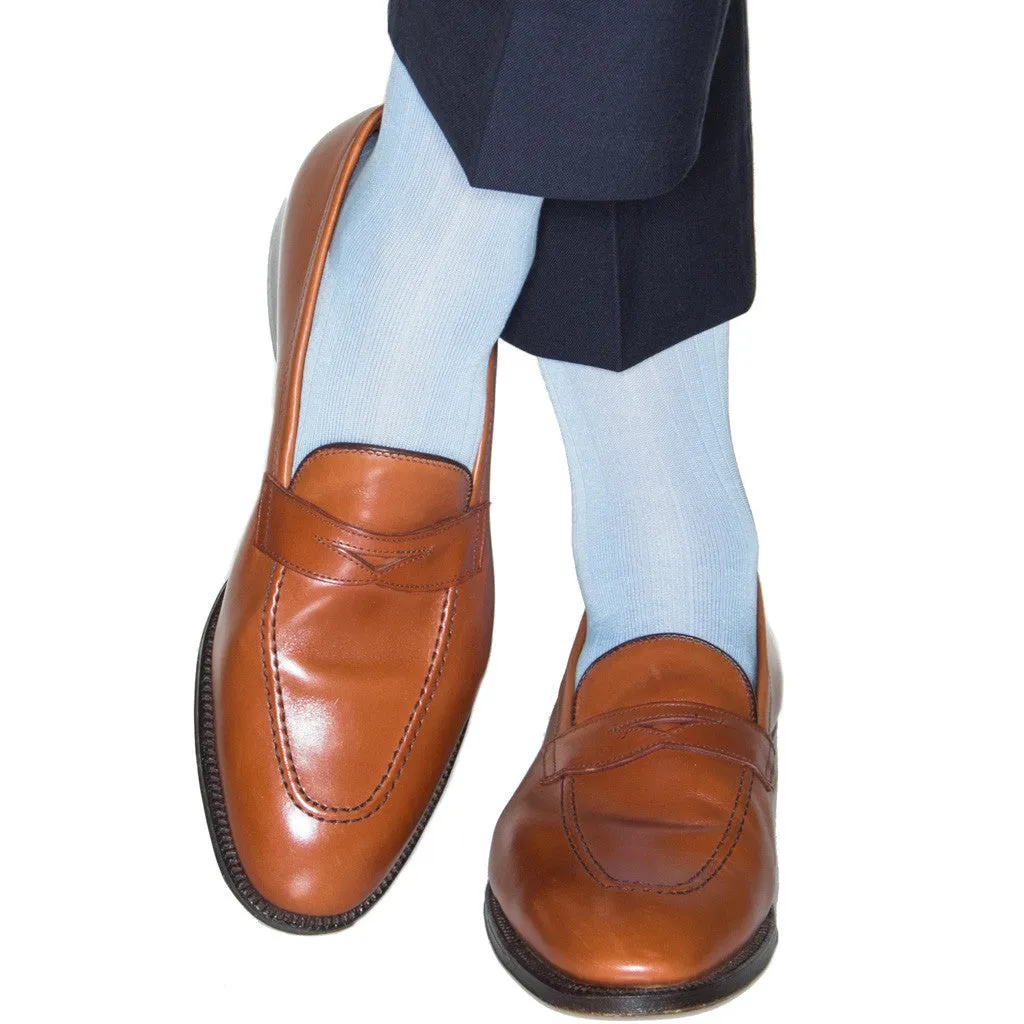 Sky Blue Solid Ribbed Cotton Sock Linked Toe Mid-Calf