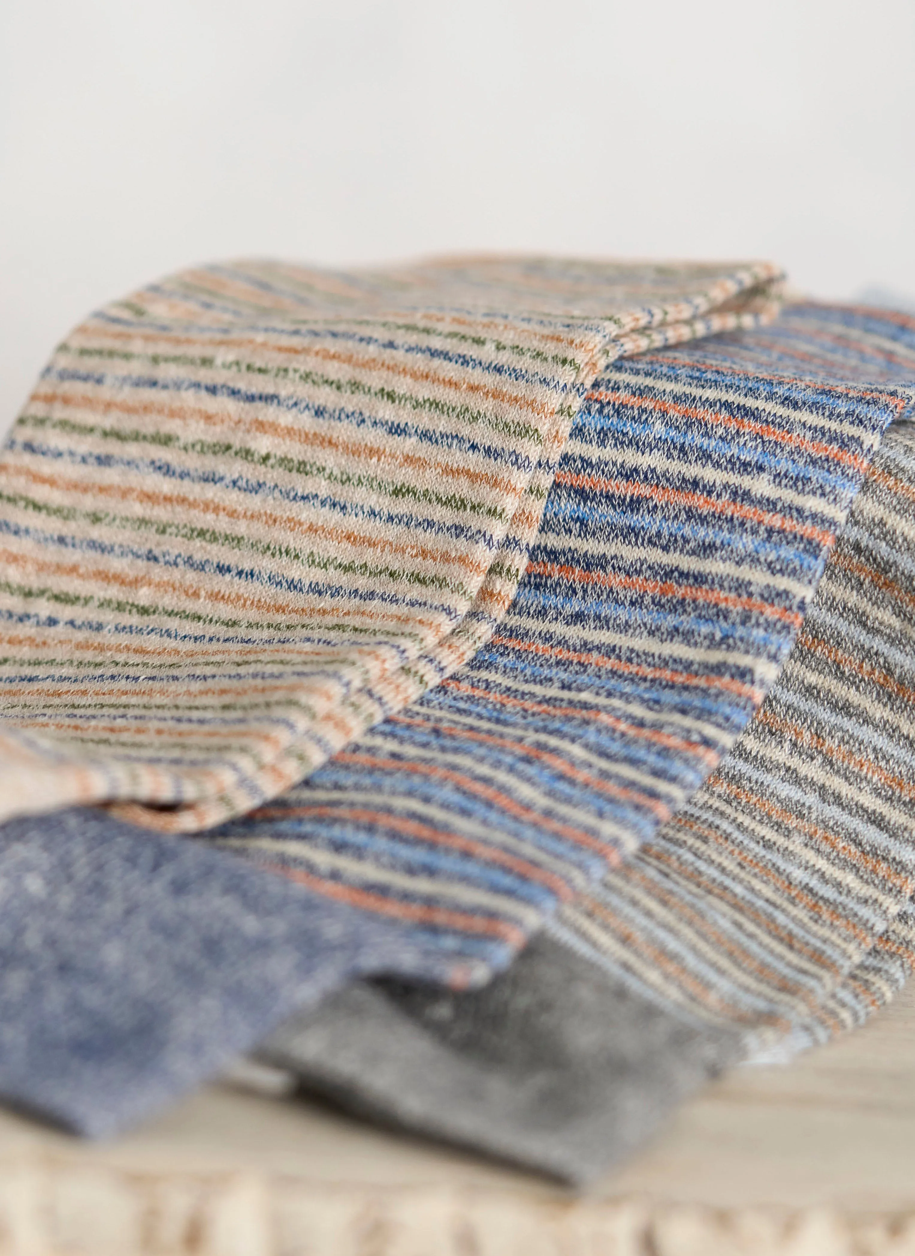 Supple Italian Linen Thin Multi Stripe Sock in Denim