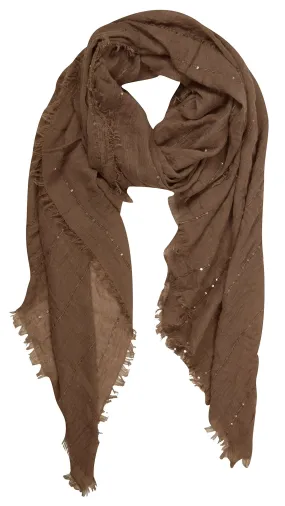 Taupe Women's Sparkle Sequin Bohemian Sheer Woven Knit Fringe Scarf