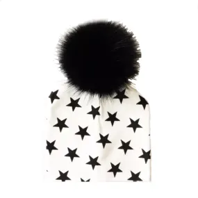 Tiny Trendsetter Stars Pom Pom Beanie Hat - White with Black Stars